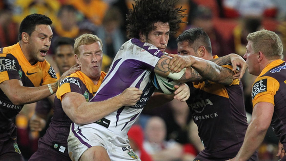 Kevin Proctor in action for the Storm during their Round 20 meeting with the Broncos at Suncorp Stadium.