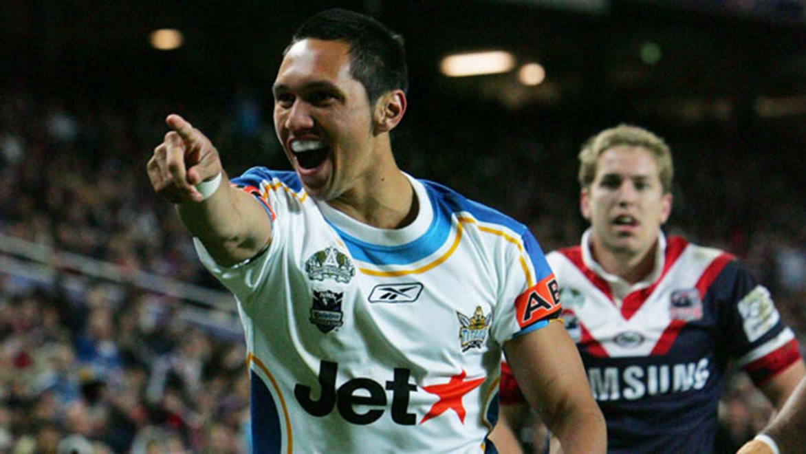 Jordan Rapana scores a try for the Titans in his debut season in 2008; the now 23-year-old has been signed by the Raiders for the 2015 season.
