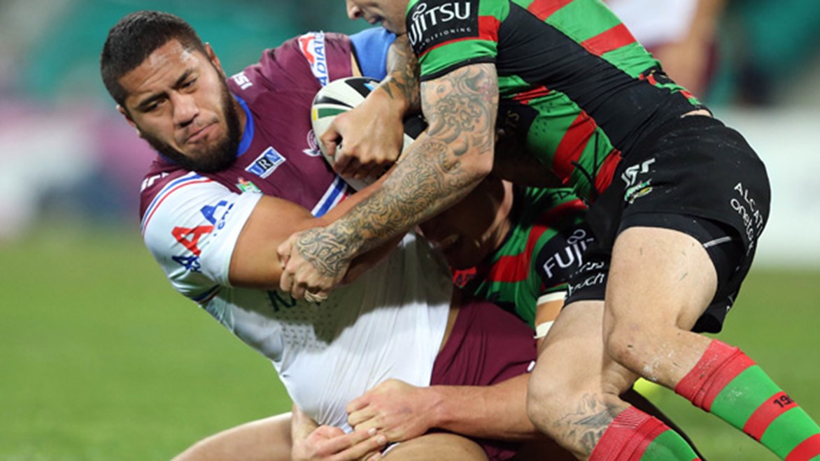 Sea Ealges winger Jorge Taufua is contained by the South Sydney defence in Round 22 at the SCG.