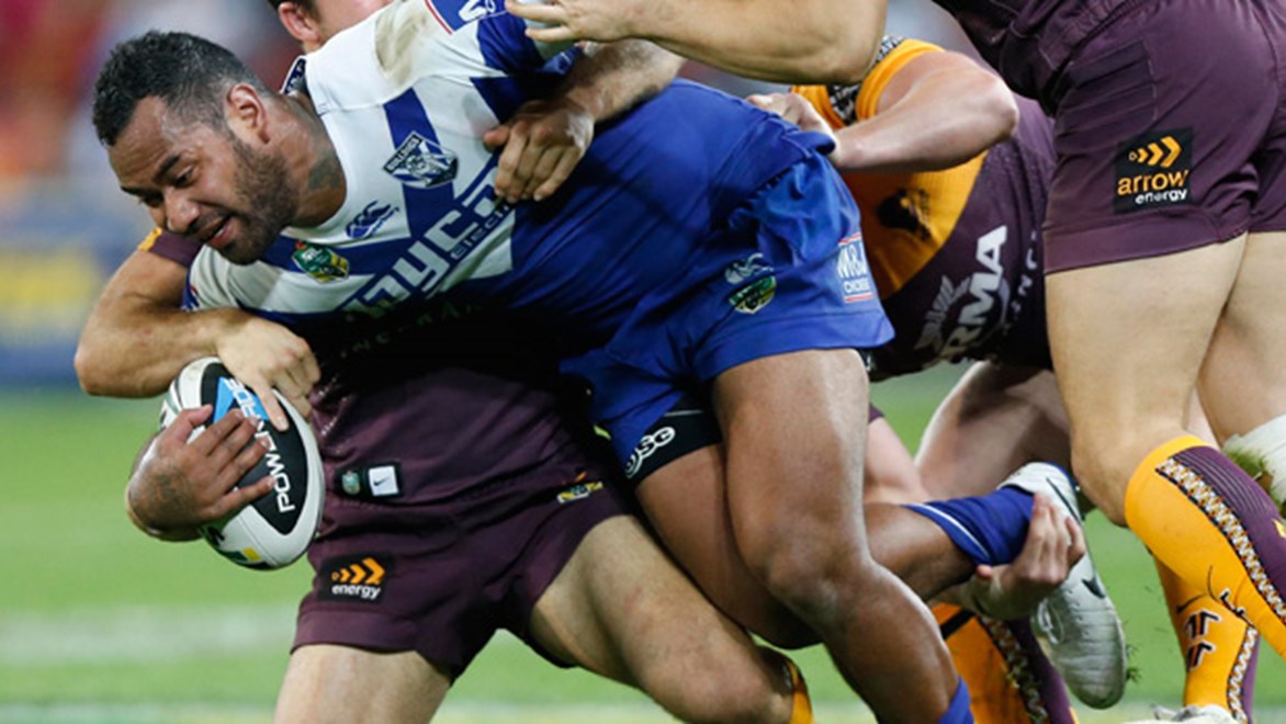 Tony Williams in action for the Bulldogs in their Round 22 clash with the Broncos at Suncorp Stadium.