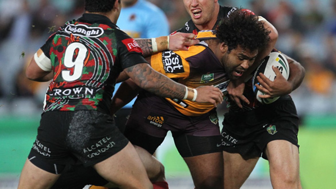 Sam Thaiday tackled by Sam Burgess and Issac Luke in the Broncos' Round 23 meeting with the Rabbitohs at ANZ Stadium.
