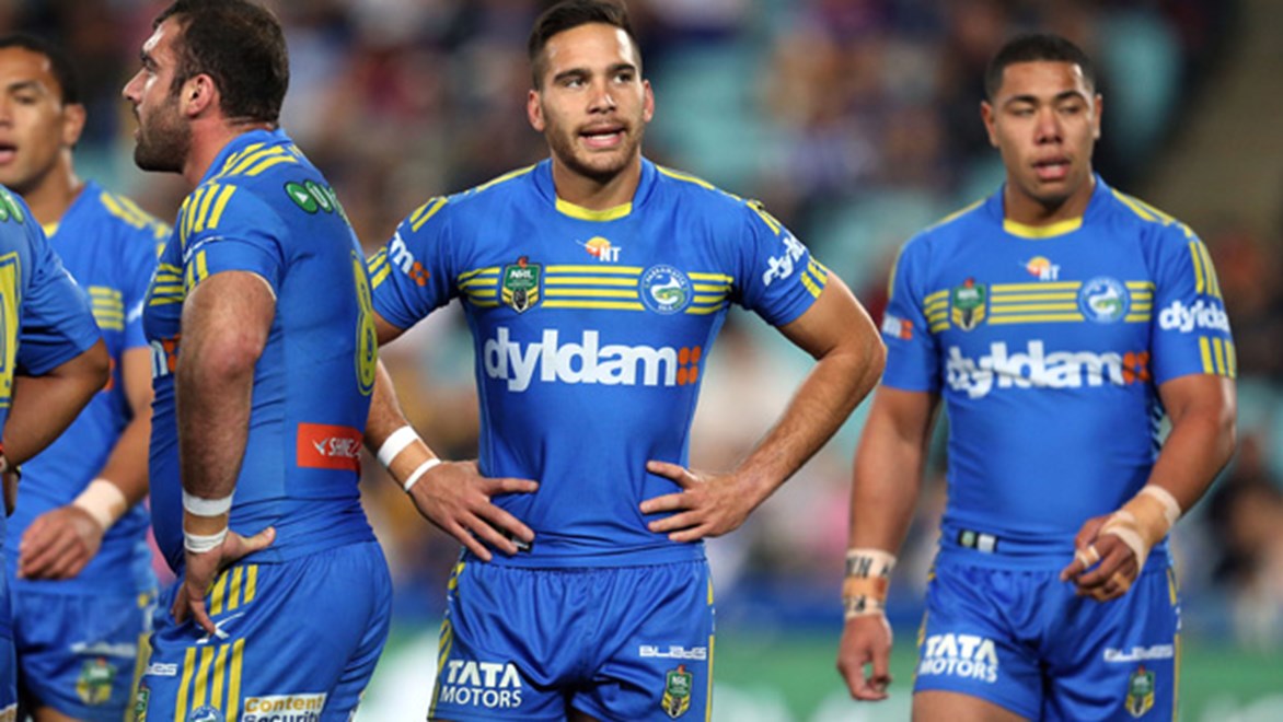 Corey Norman, Vai Toutai and their Eels teammates frustrated following their Round 23 loss to the Bulldogs.
