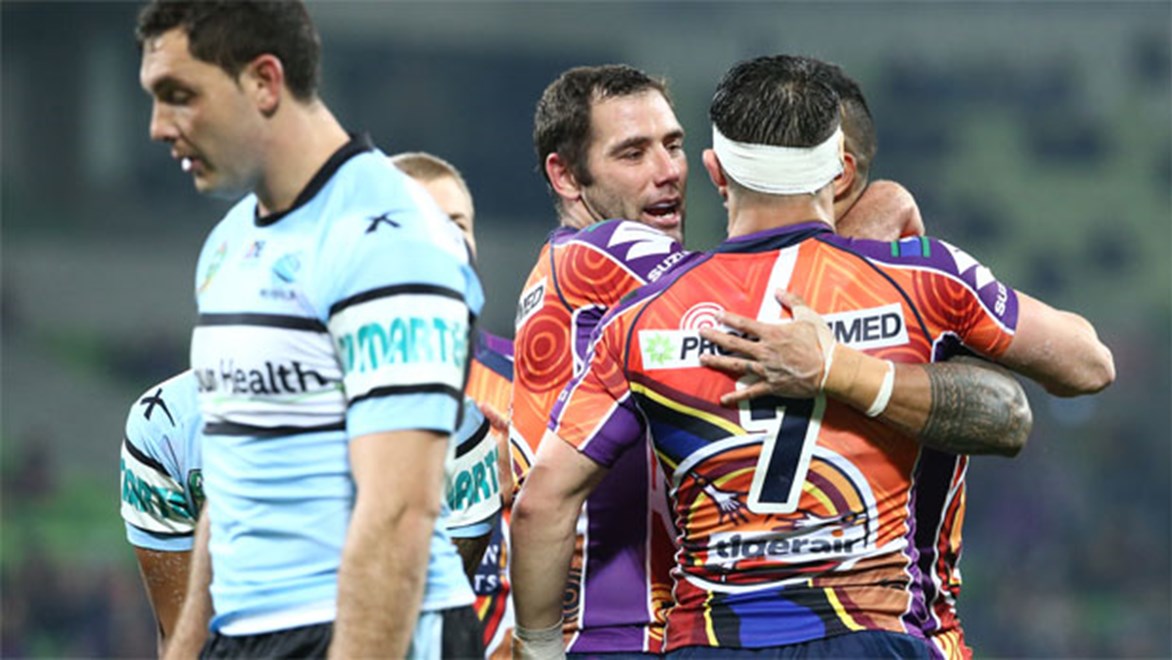 The Melbourne Storm blew Cronulla off the park in the first half with a six-try blitz.