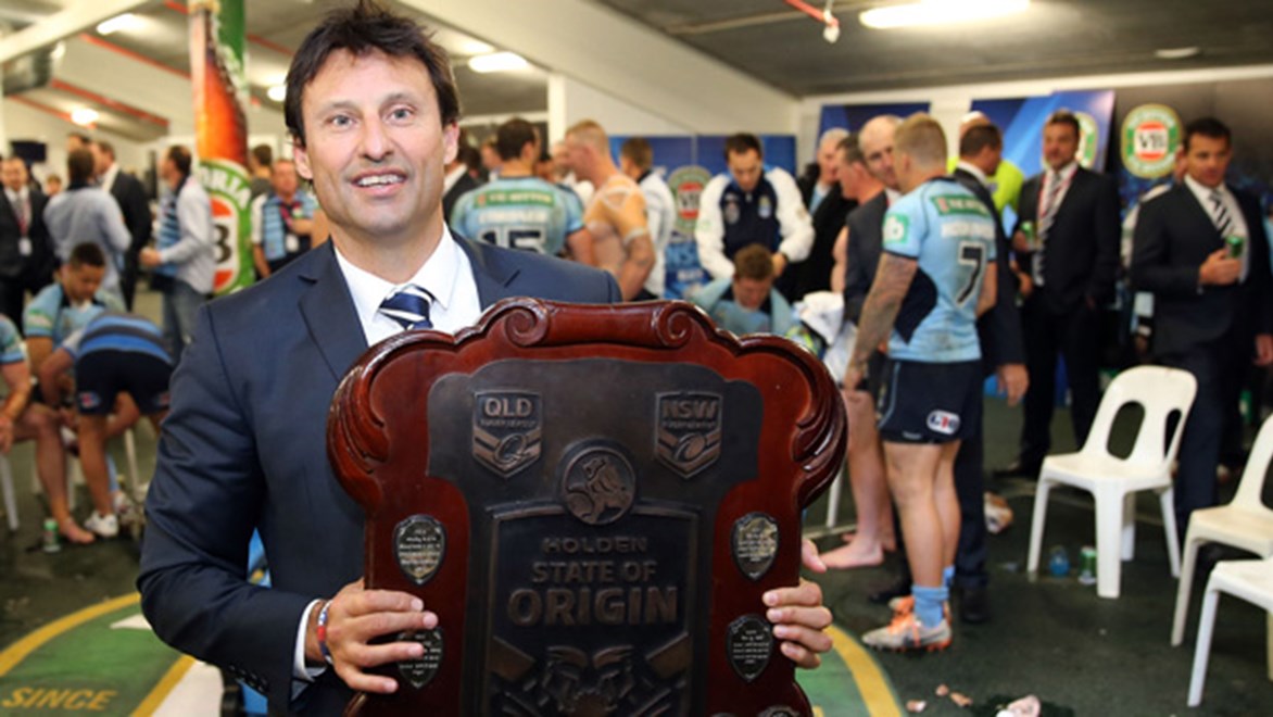 Laurie Daley with the State of Origin shield following Game Three of the 2014 series.