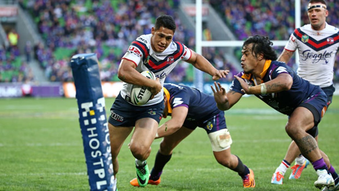 Roger Tuivasa-Sheck lunges for the corner to score against the Storm.