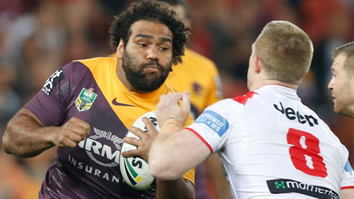 Brisbane's Sam Thaiday charges into the Dragons defence in their Round 25 meeting at Suncorp Stadium.
