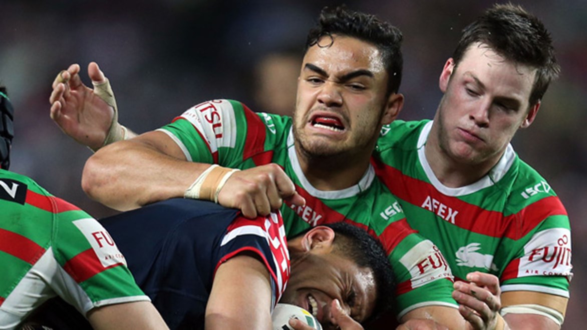Dylan Walker and Luke Keary contain Daniel Tupou in the Rabbitohs' Round 26 clash with the Roosters at Allianz Stadium.