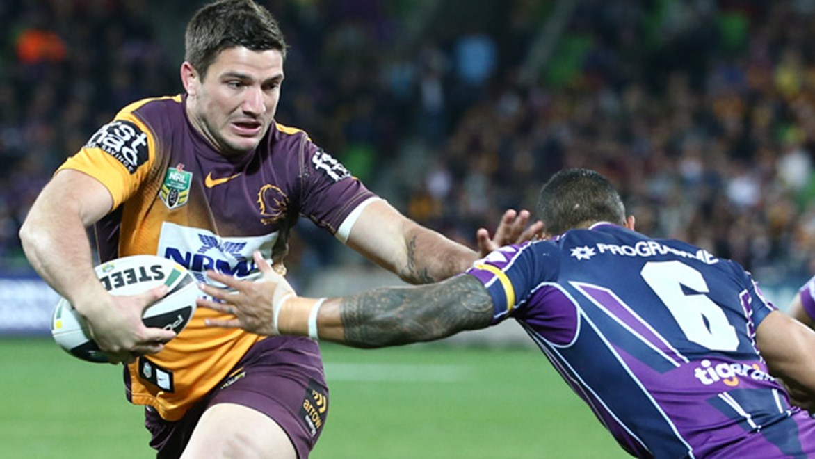 Matt Gillett in action for the Broncos in their Round 26 meeting with the Storm at AAMI Park.