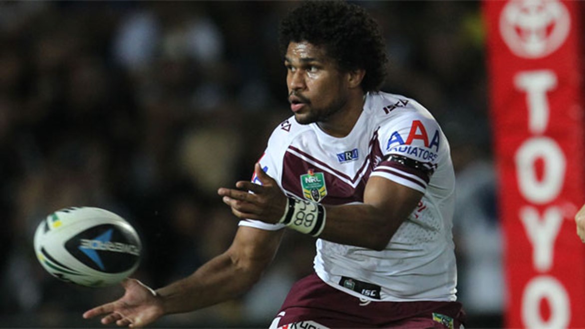 Debutant Manly hooker Jayden Hodges passes the ball against the Cowboys in Round 26.