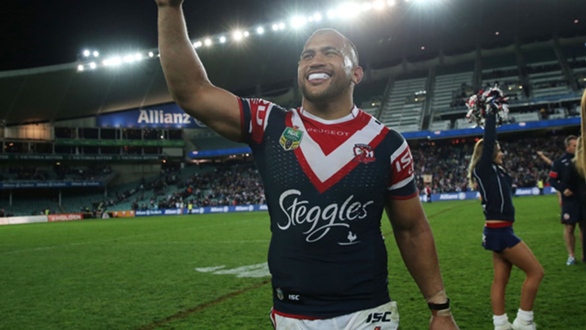 Sam Moa salutes the crowd following the Roosters semi-final win over the Cowboys.