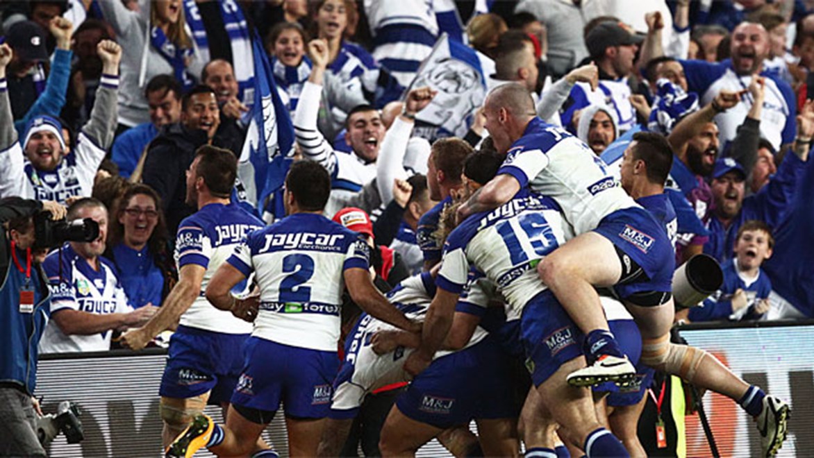The Canterbury Bulldogs celebrate their spectacular 18-17 semi-final victory over Manly.