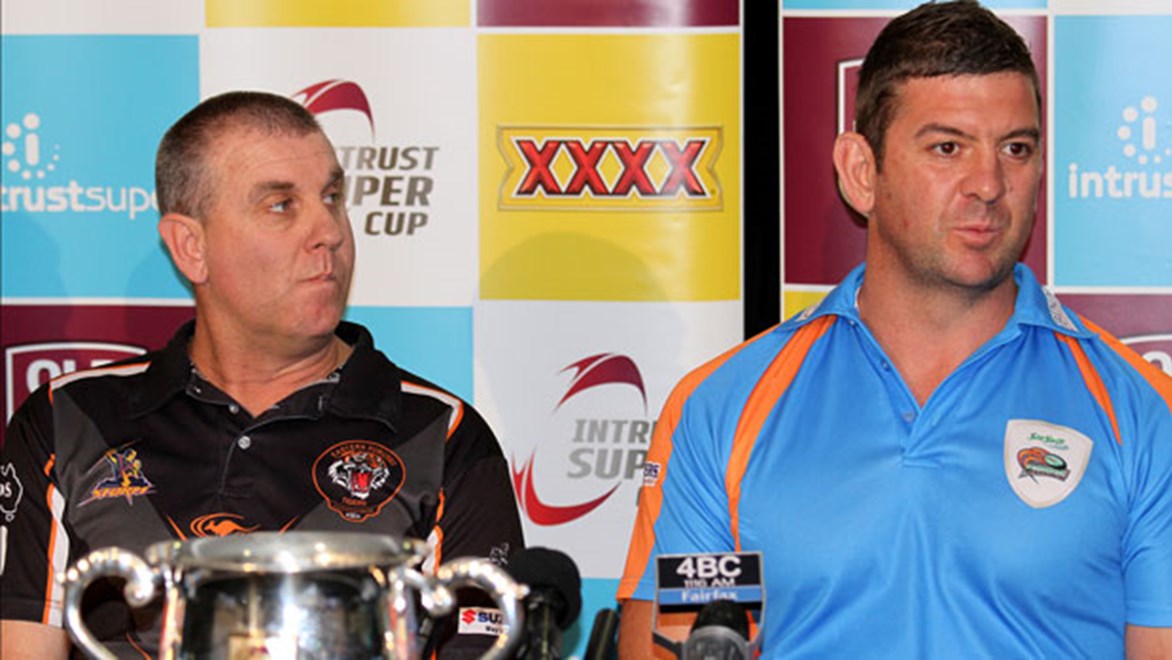 Respective coaches Craig Ingebrigtsen (Easts Tigers, left) and Jason Demetriou (Northern Pride) are eager to bury the demons of 12 months ago in Sunday's Intrust Super Cup Grand Final.