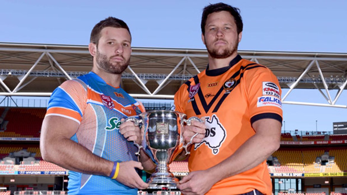 Opposition forwards Blake Leary (Northern Pride, left) and Steven Thorpe (Easts Tigers) will figure prominently when the Intrust Super Cup champions for 2014 are crowned on Sunday afternoon.
