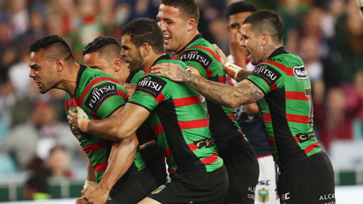 Ben Te'o celebrates his try in the Rabbitohs' preliminary final win over the Roosters.