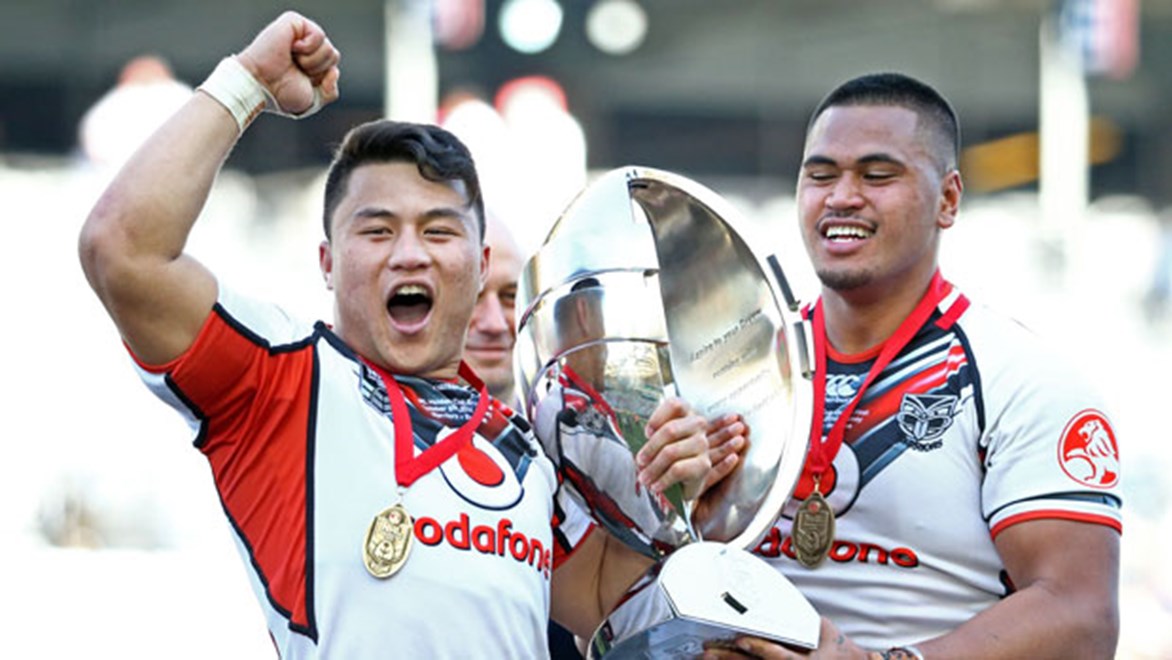 Warriors co-captains Mason Lino and Sam Lisone begin celebrations for a third under-20s victory in the space of five years for the New Zealanders.