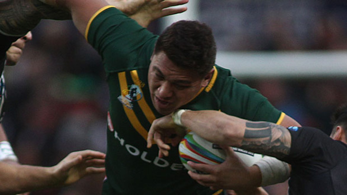 Raiders enforcer Josh Papalii in action for the Kangaroos in the 2013 World Cup.