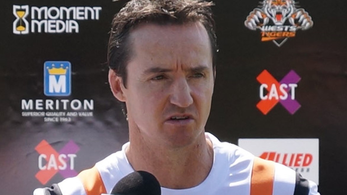 Jason Taylor addresses the media on his first day as head coach at Wests Tigers.