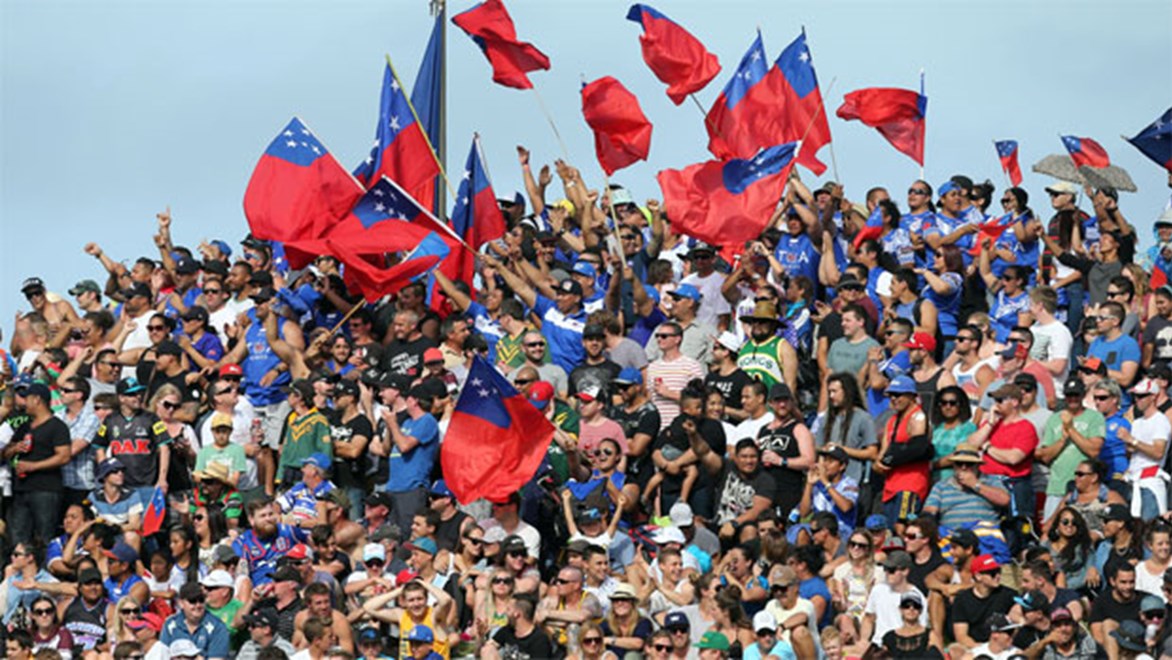 Samoan fans make their voices heard on the hill at Wollongong's WIN Stadium.