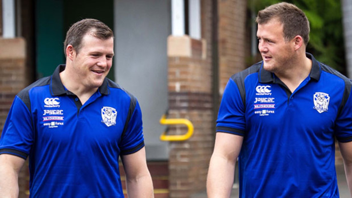 Twins Brett (left) and Josh Morris stepped out in Bulldogs colours for the first time together on Tuesday.