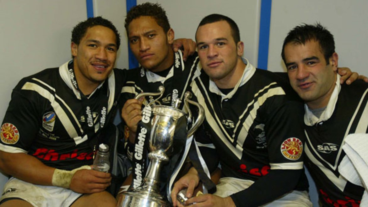The mercurial Stacey Jones (far right) - seen here with Kiwi teammates Clinton Toopi, Manu Vatuvei and Louie Anderson - masterminded New Zealand's 24-0 shutout of Australia in the 2005 Tri Nations Final.