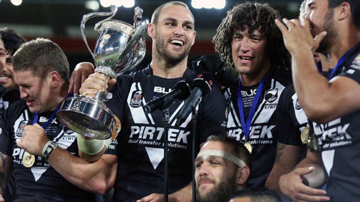 Simon Mannering and the Kiwis celebrate their 2014 Four Nations triumph.