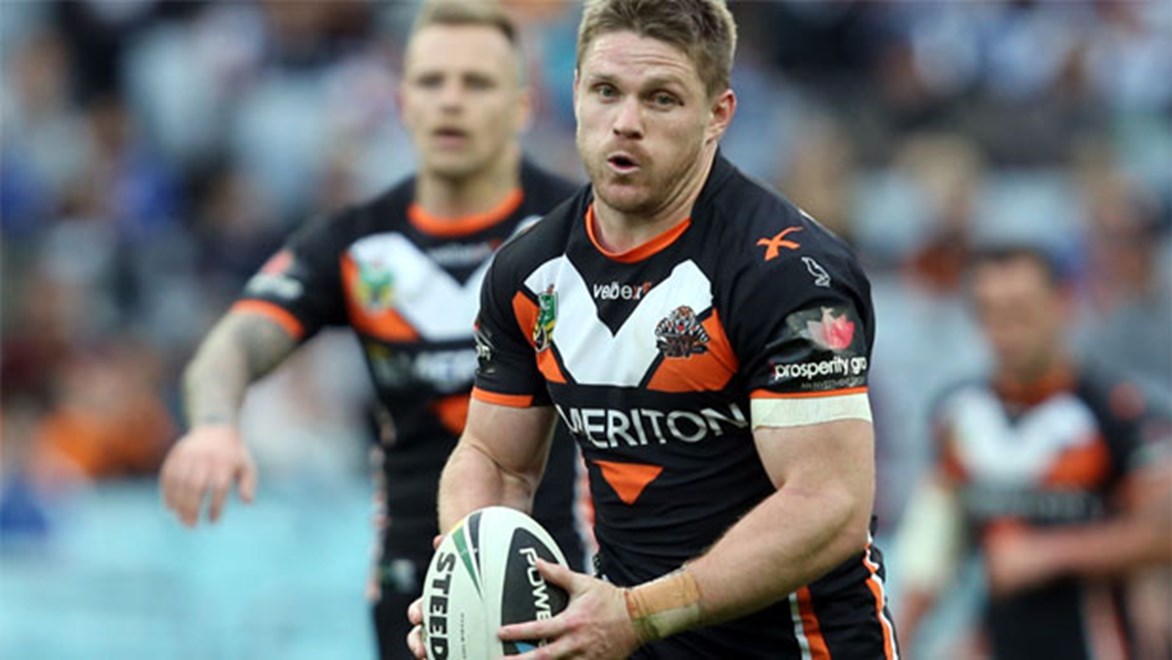 Chris Lawrence in action for the Wests Tigers in 2014.