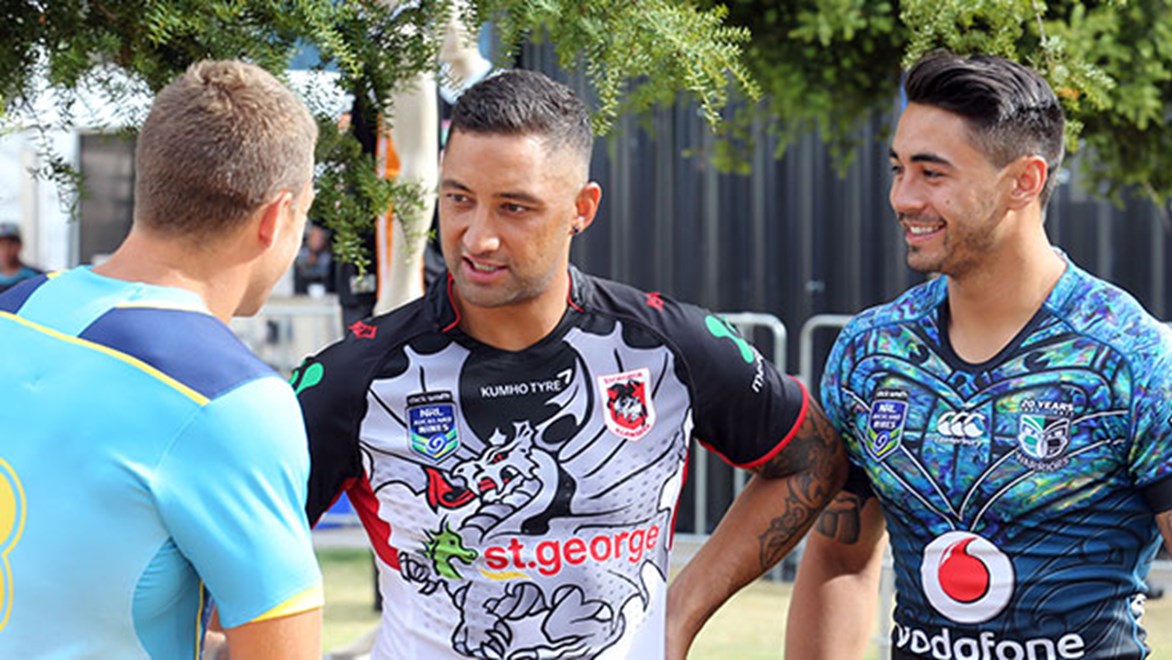 Benji Marshall shares a joke at the NRL Auckland Nines fan day.