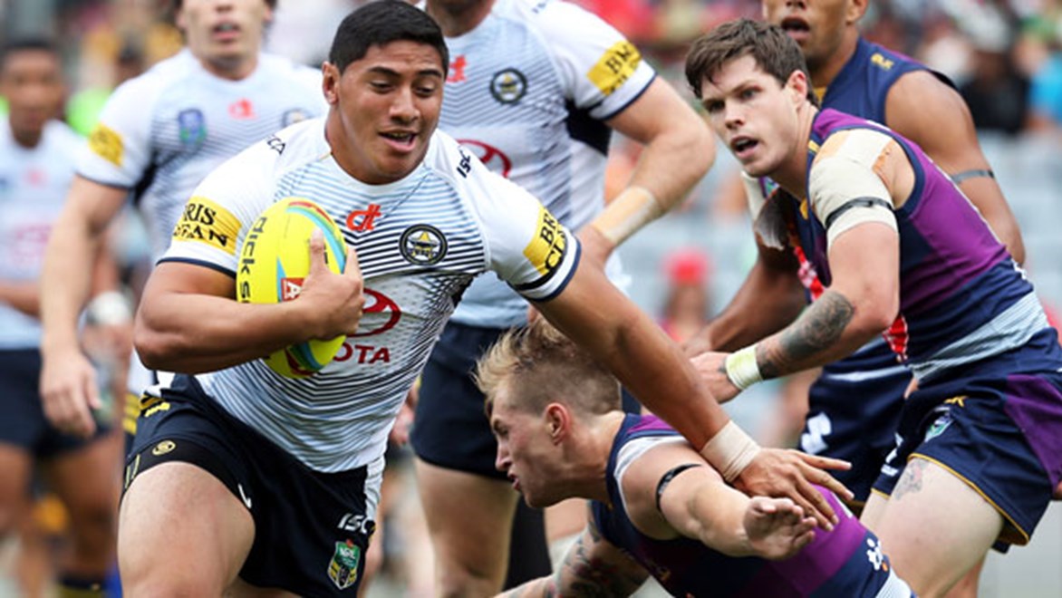 Jason Taumalolo charges through the Storm defence during their 2015 Auckland Nines clash.