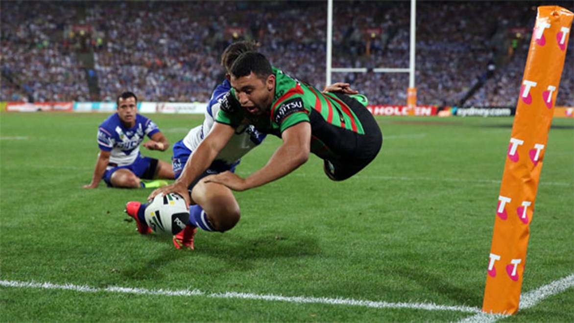 Alex Johnston dives over for South Sydney in the first half of the 2014 NRL Grand Final.