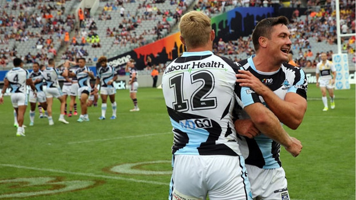 Sharks back-rower Chris Heighington celebrates his side's semi-final win over the Roosters.