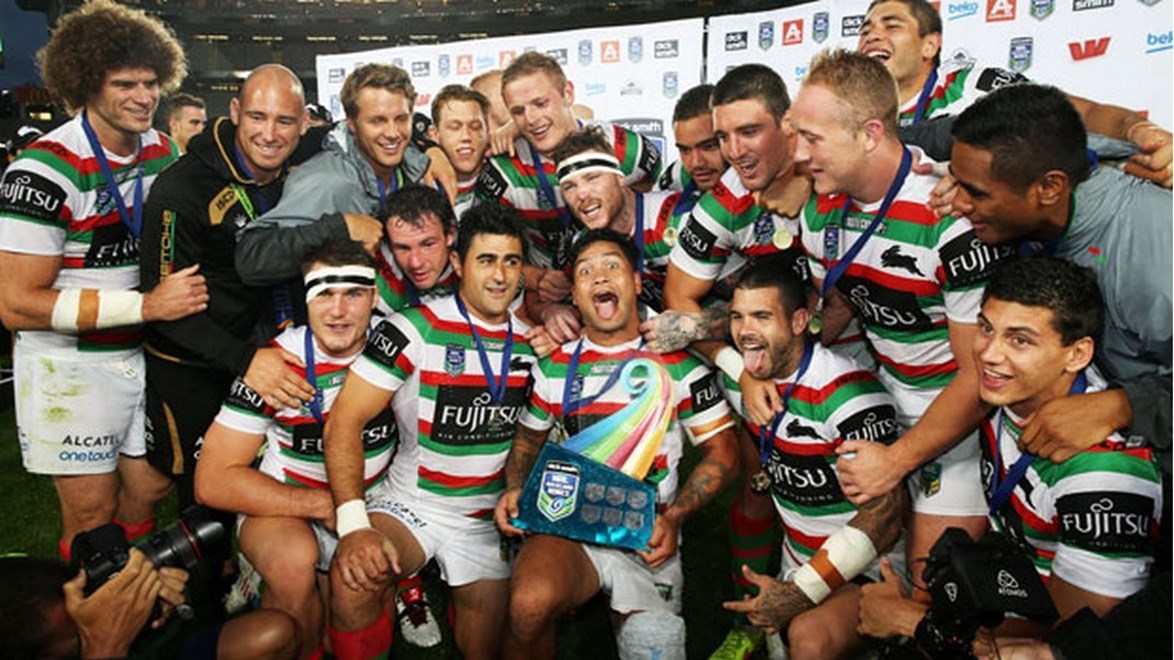 The South Sydney Rabbitohs celebrate taking out the 2015 Dick Smith NRL Auckland Nines trophy.