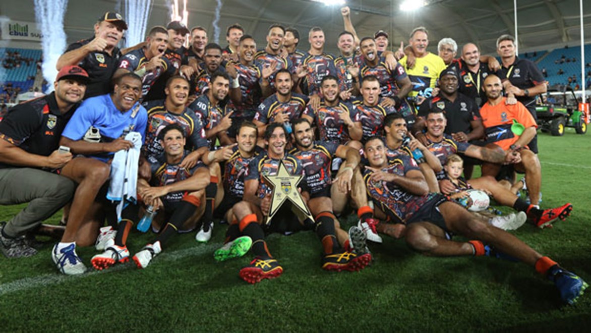 The Indigenous All Stars team celebrates winning the 2015 All Stars game.