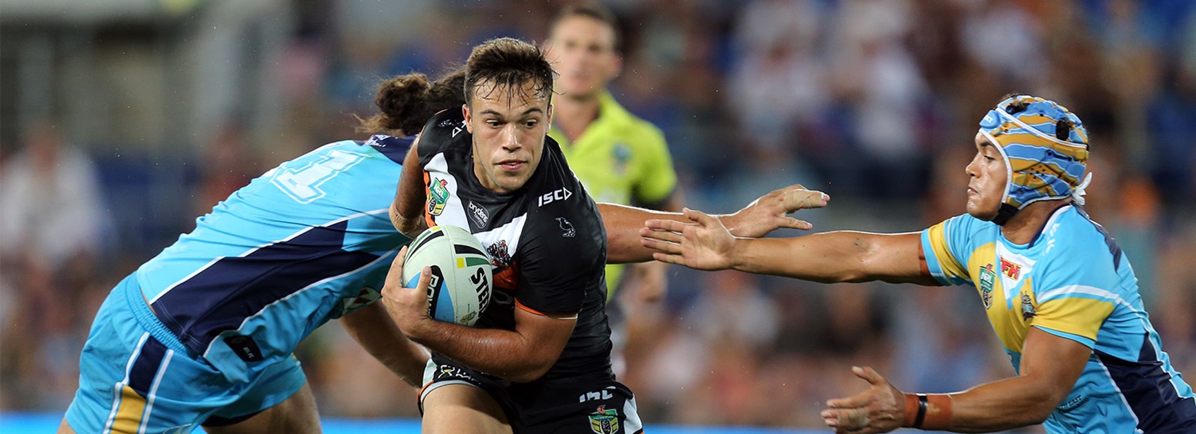 Wests Tigers halfback Luke Brooks in action against the Titans on Saturday night.