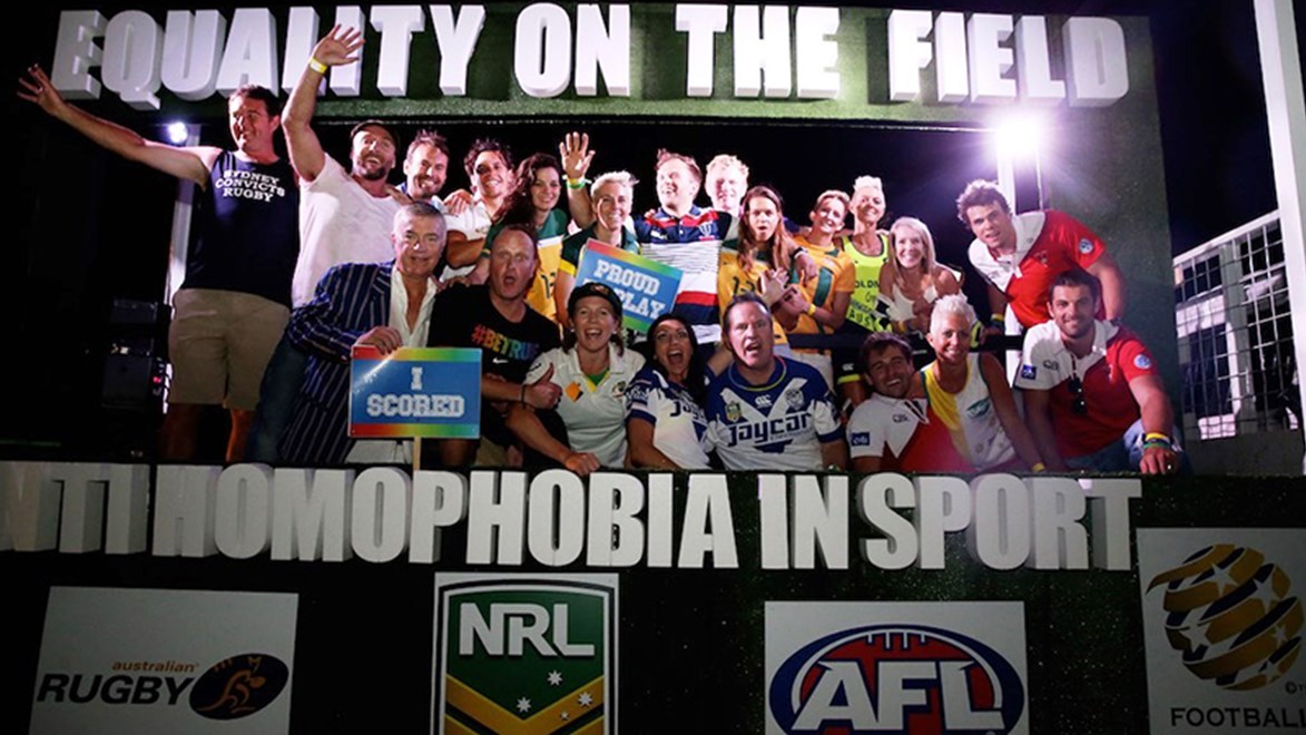 People from rugby league, Australian Rules, rugby union, soccer and cricket united as part of the Anti-Homophobia in Sport float at the Sydney Mardi Gras.
