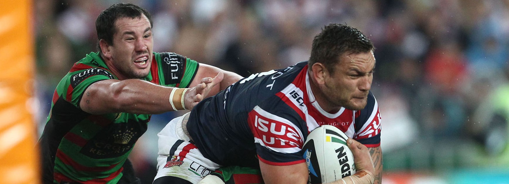 Jared Waerea-Hargreaves is stopped during the Roosters 2014 Preliminary Final loss to the Rabbitohs.