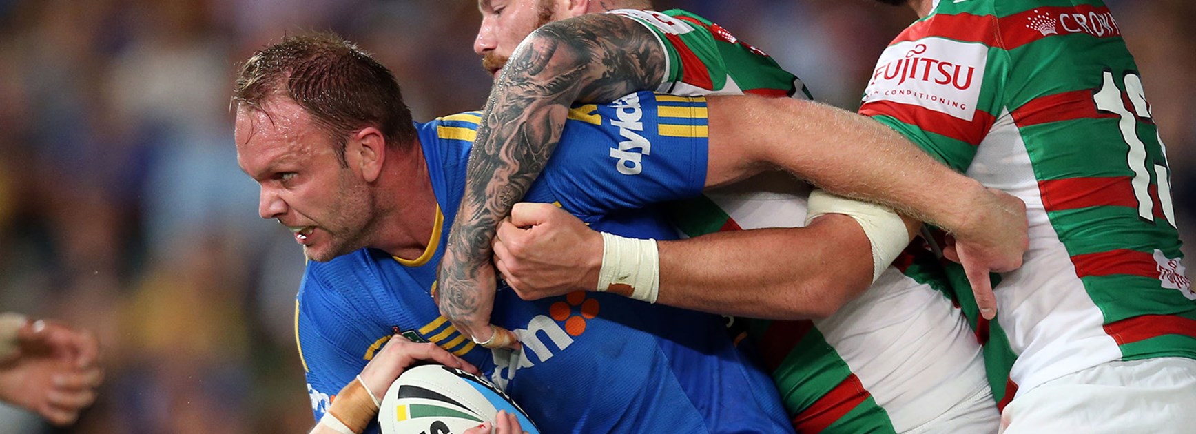 Eels forward David Gower takes a hit-up against the Rabbitohs in Round 4.