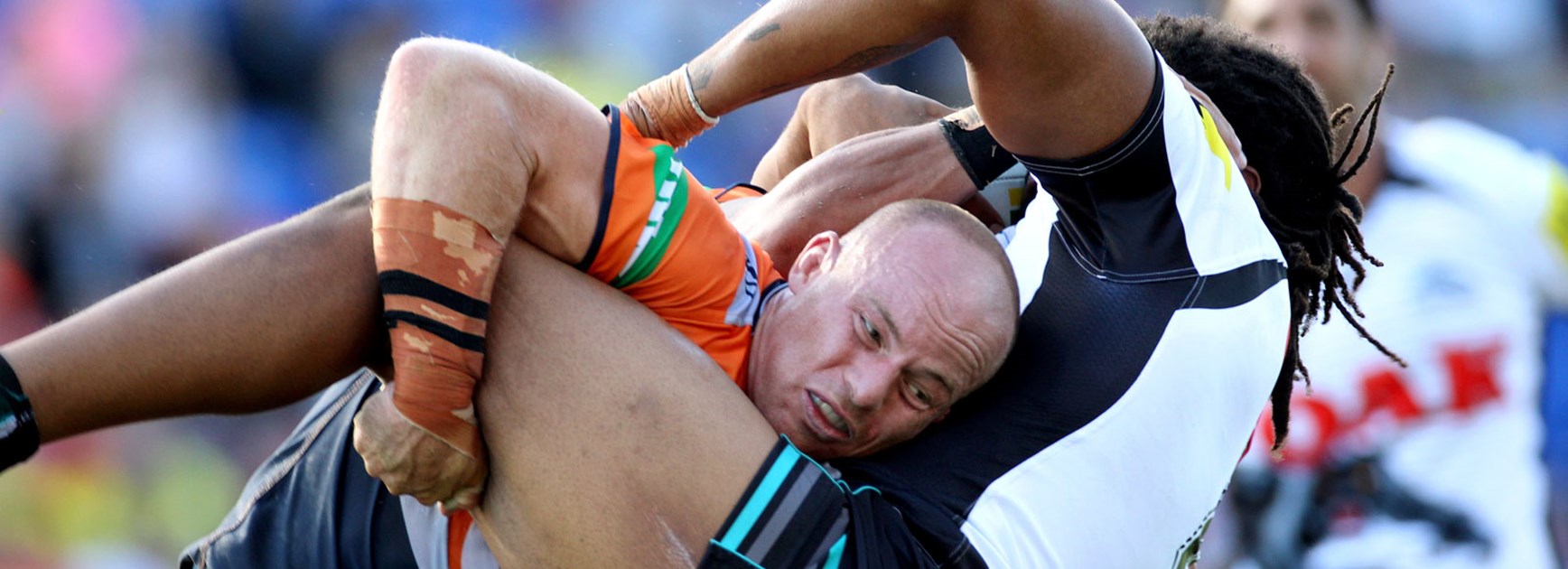 Beau Scott tackles Jamal Idris during the Knights' Round 4 win over the Panthers.