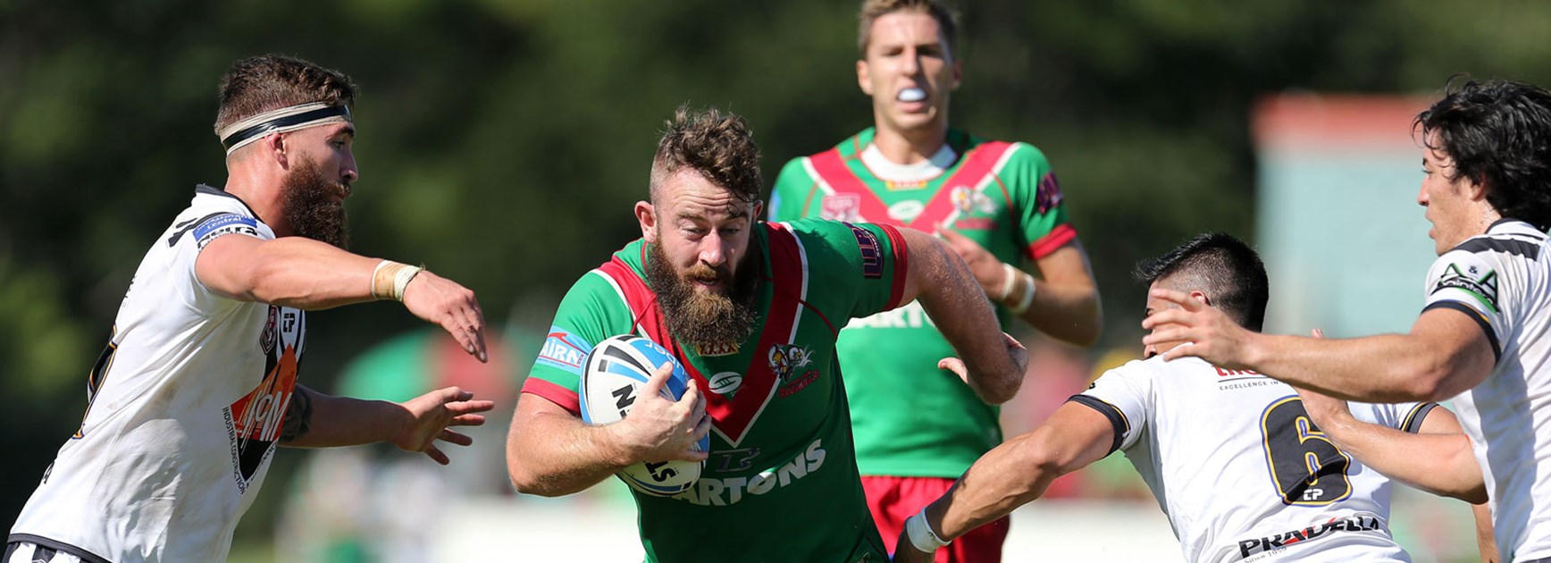 Wynnum's Ben Shea surges through the Souths Logan defence in Round 4 of the Intrust Super Cup.