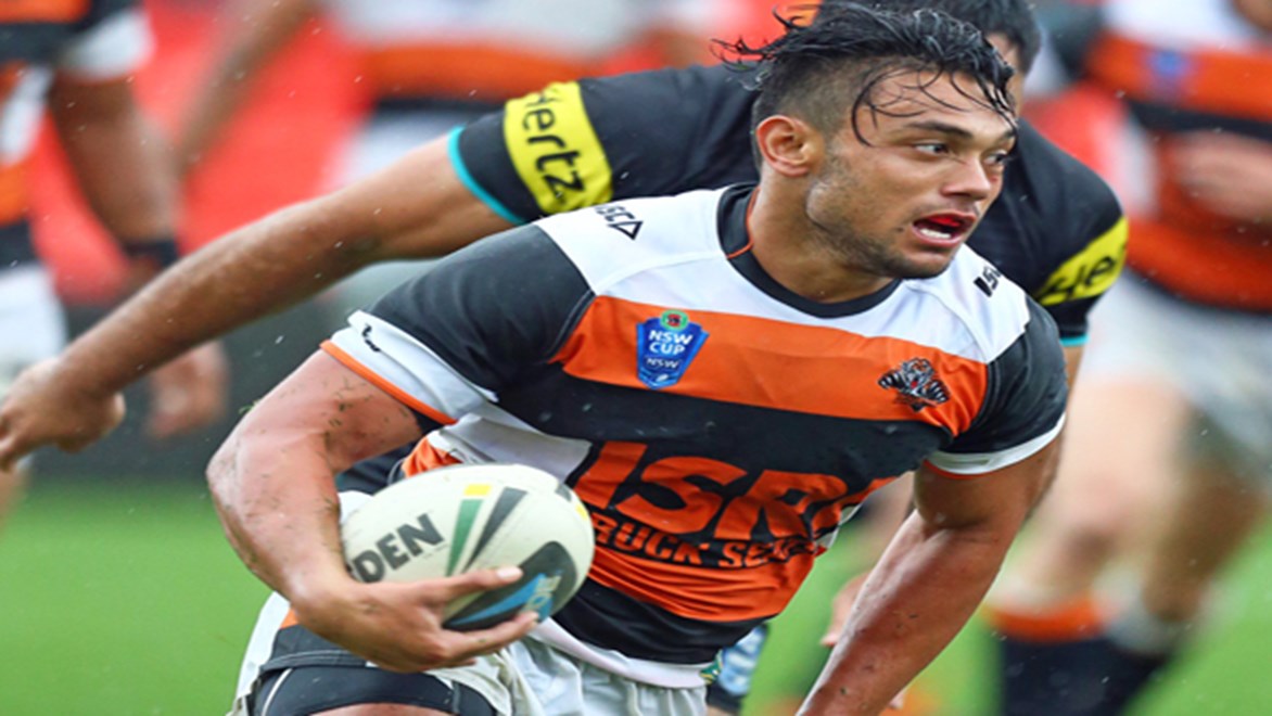 David Nofoaluma in action for Wests Tigers in the VB NSW Cup.