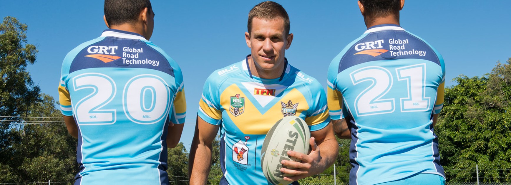 Titans vice-captain William Zillman shows off the new sponsor logos on the first grade kit.