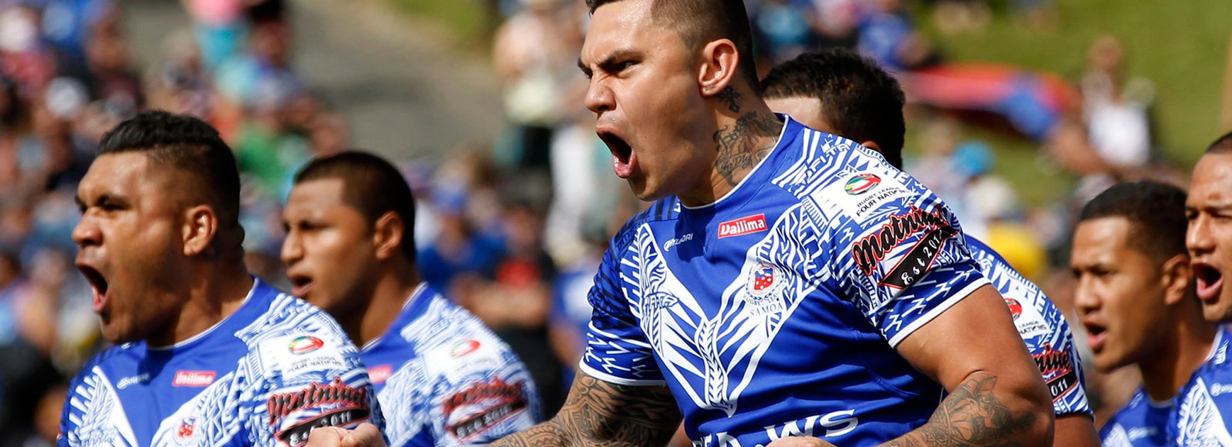 Daniel Vidot leads the Samoan Siva Tau prior to their Four Nations clash with New Zealand last year.