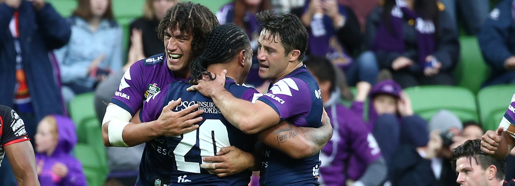 The Storm celebrate another try against the Warriors at Aami Park in Round 5.