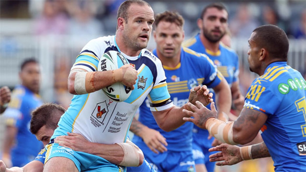 Nate Myles takes on the Parramatta defence.