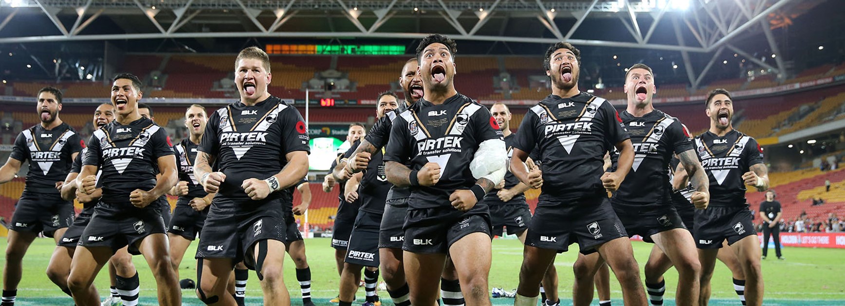 Kiwis celebrate with a post-match haka following their win over the Kangaroos in Brisbane.