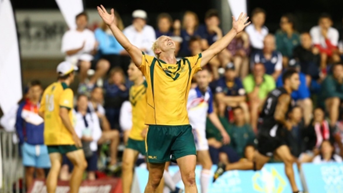 Australia men's open captain Steve Roberts celebrates after his side's World Cup Final win.