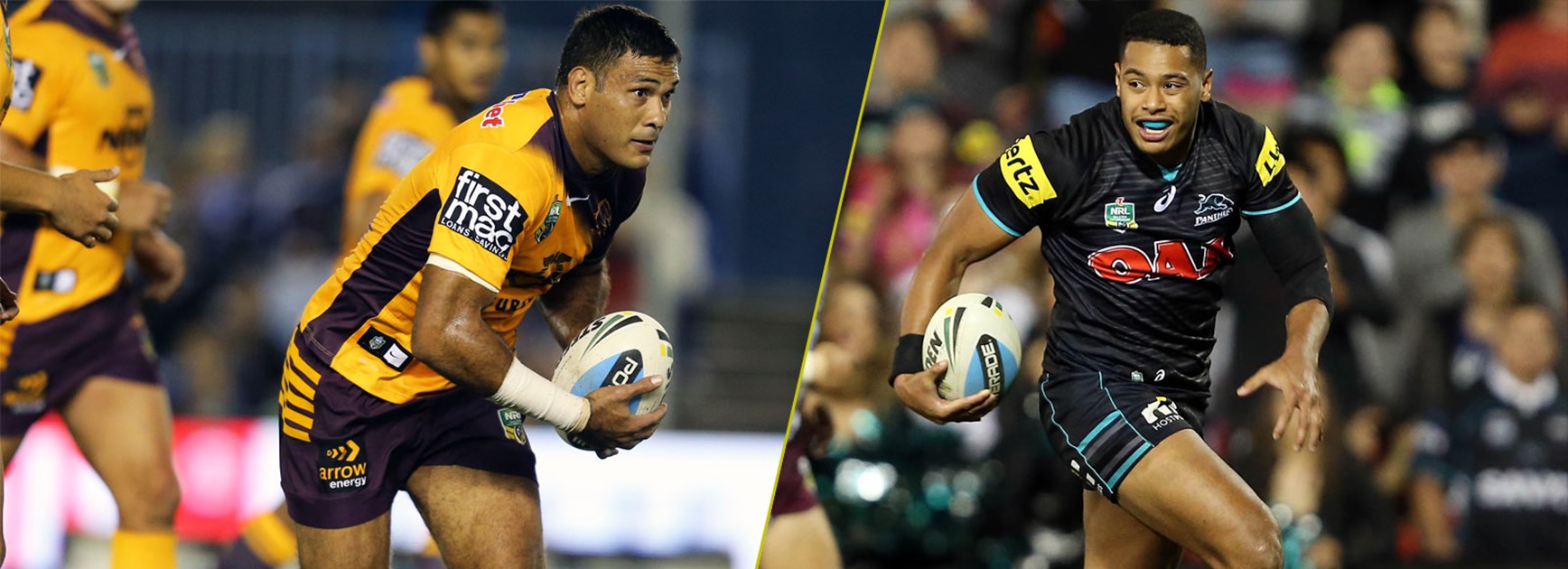 Centre of attention: Broncos veteran Justin Hodges and Panthers young gun Waqa Blake.