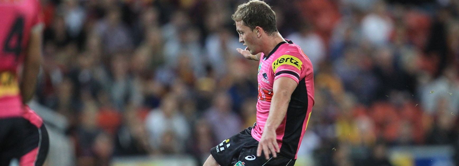 Matt Moylan kicks a field goal in the Panthers' Round 9 loss to the Broncos.