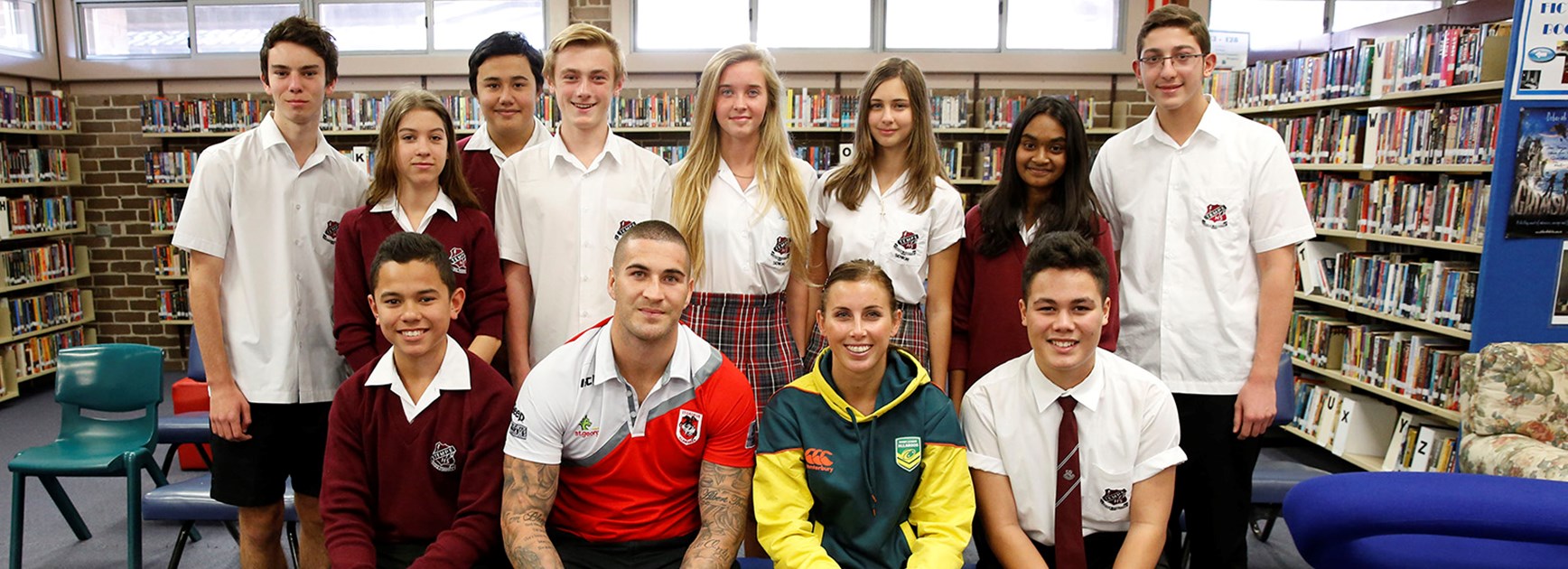 Joel Thompson and Samantha Hammond with students from Tempe High School at the Dream Believe Achieve launch.