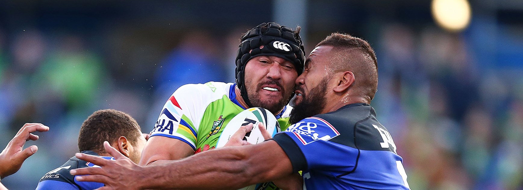 Canberra's Jordan Rapana and Canterbury's Frank Pritchard put their heads together in Round 11.