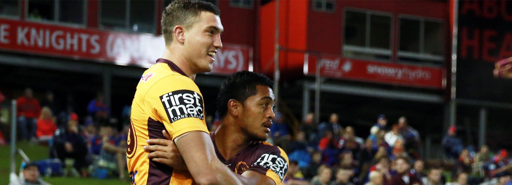 Corey Oates and Anthony Milford celebrate a try during Brisbane's Round 11 win over Newcastle.